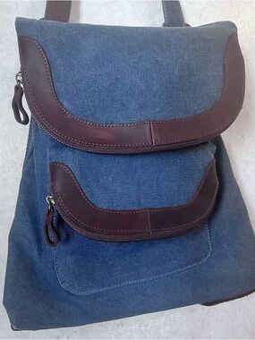 Blue Canvas Crossbody Backpack with Brown Leather Trim